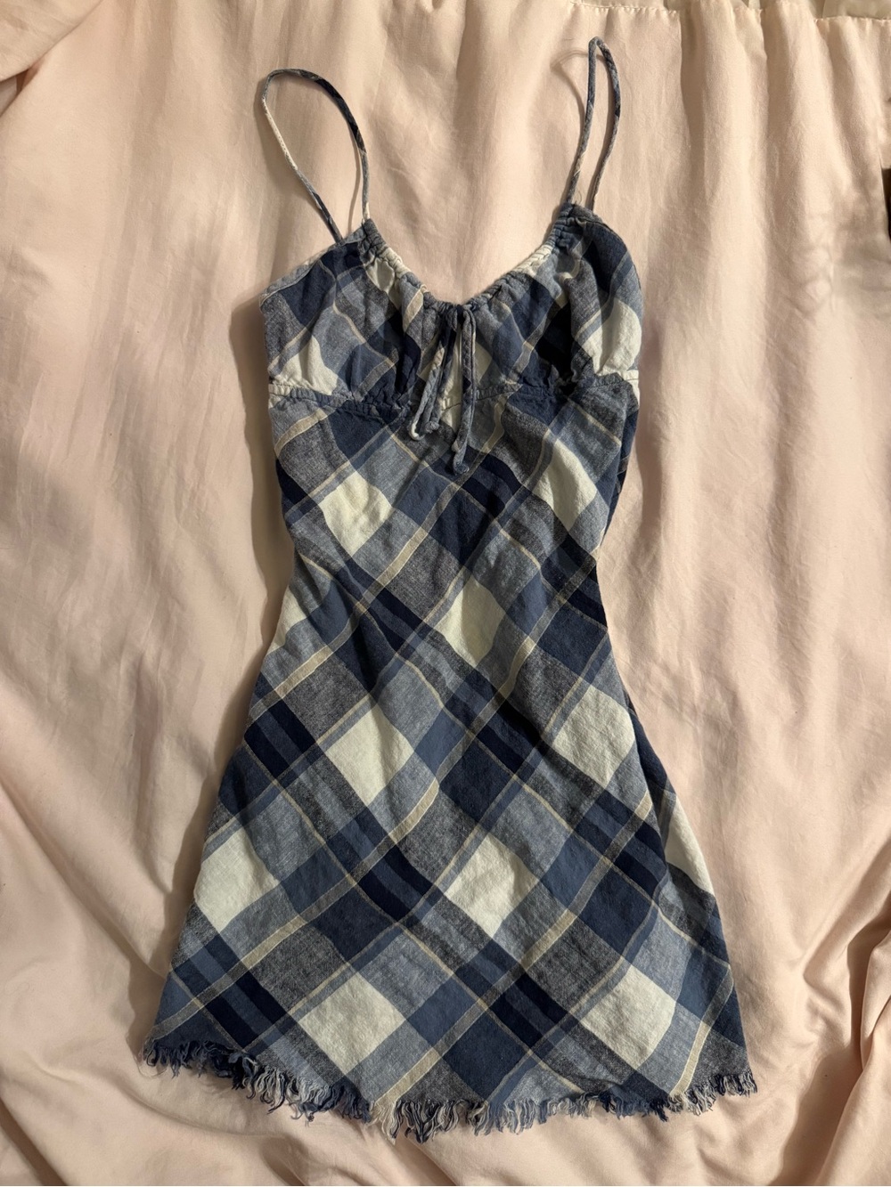 Blue Plaid Mini Dress with Tie Front and Frayed Hem